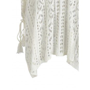 Beach Cover Up Top Slit Crochet Hollow Out Tassel Solid Color Sheer Cover-up
