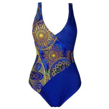 Women Vintage One-piece Swimsuit Floral Print Surplice Square Ring Plunging Neck Summer Beach Swimwear Beachwear M Blue