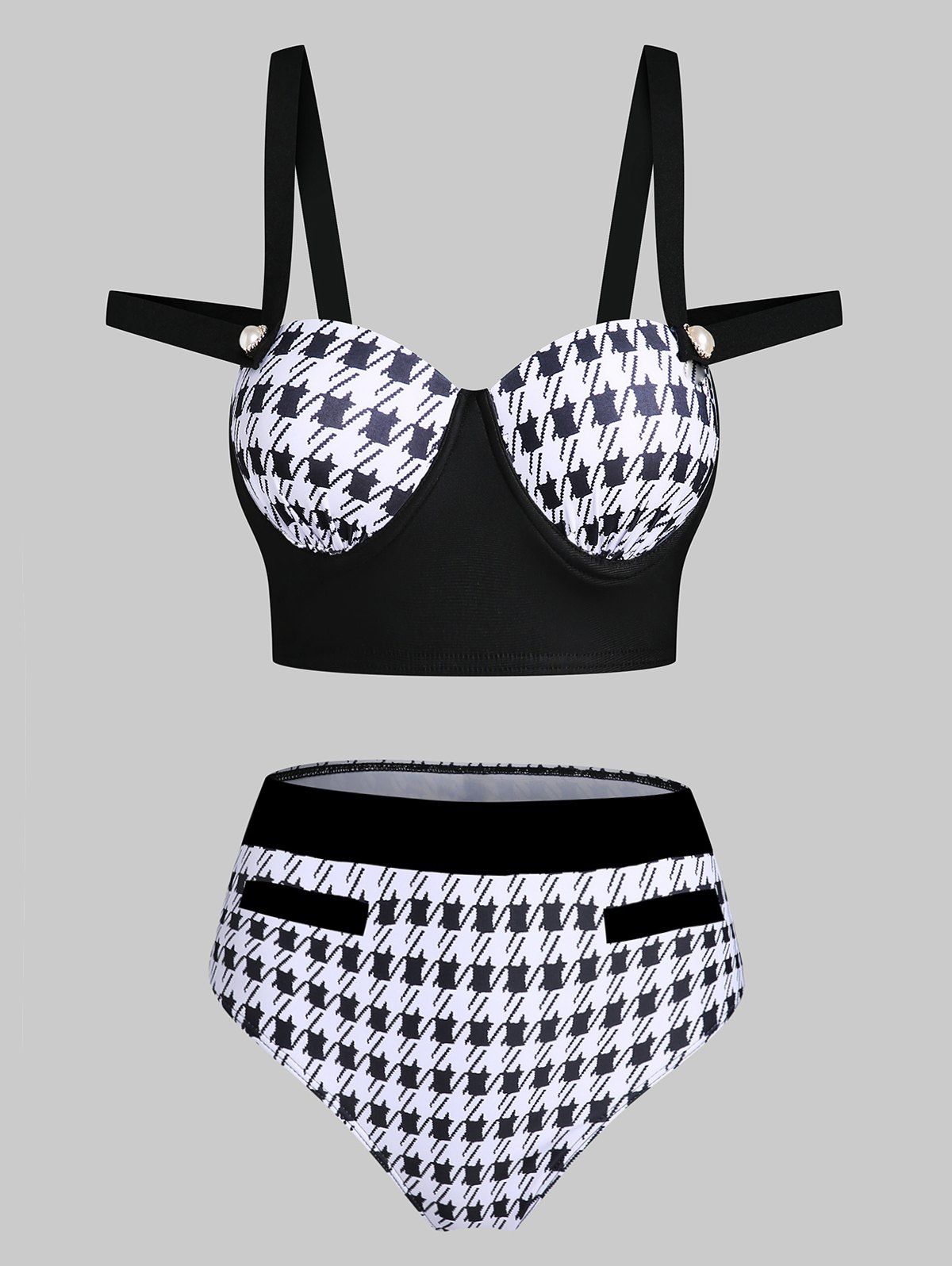 Houndstooth Print Swimsuit Moulded High Rise Swimwear - BLACK XXL