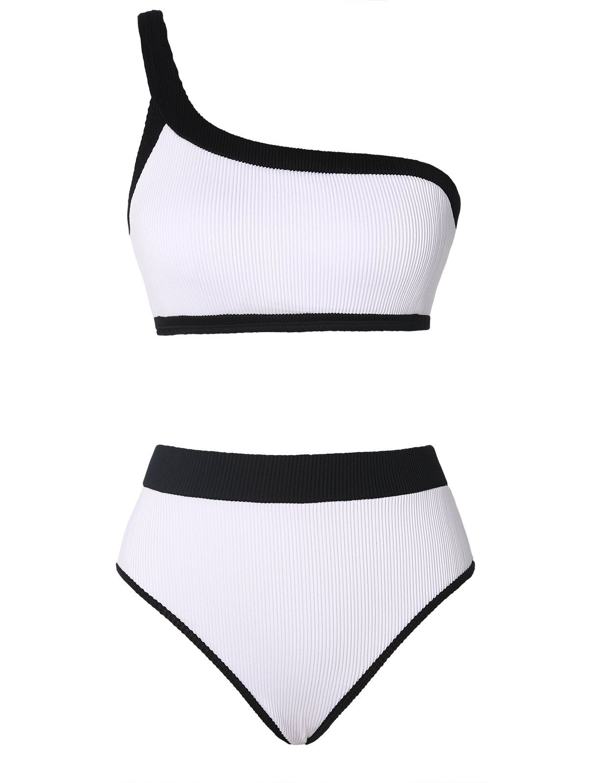 High Leg Ribbed Monochrome Bikini Swimwear - WHITE XL
