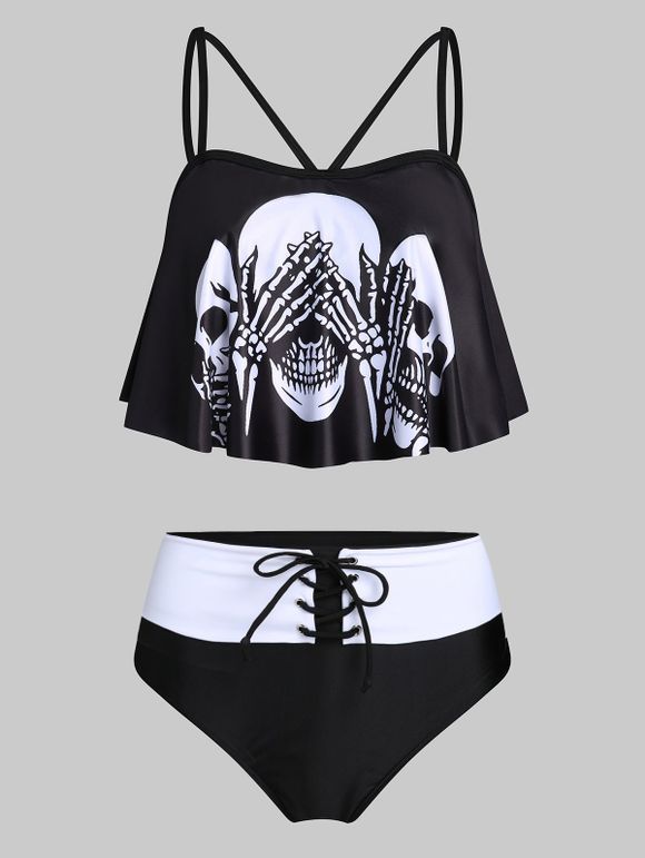 Gothic Tankini Swimsuit Skeleton Skull Print Lace Up Padded Colorblock Tummy Control Swimwear - BLACK L