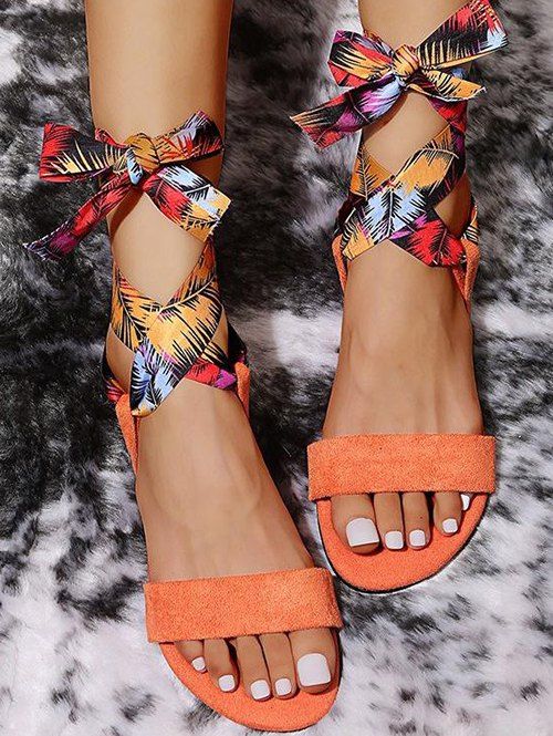 Summer Sandals Bohemian Lace Up Flat Slide Trendy Beach Shoes - ORANGE EU 37