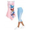 Cut Out Butterfly Print Tank Top And Flower Lace Jeggings Outfit - multicolor S