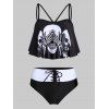 Gothic Tankini Swimsuit Skeleton Skull Print Lace Up Padded Colorblock Tummy Control Swimwear - BLACK M
