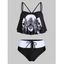 Gothic Tankini Swimsuit Skeleton Skull Print Lace Up Padded Colorblock Tummy Control Swimwear - BLACK L