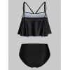 Maillot de Bain Tankini Matelassé Gainant à Imprimé Crâne en Blocs de Couleurs à Volants - Noir L