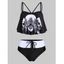 Maillot de Bain Tankini Matelassé Gainant à Imprimé Crâne en Blocs de Couleurs à Volants - Noir XL