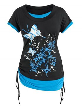 Plus Size Cinched Butterfly Floral Print Faux Twinset Tee