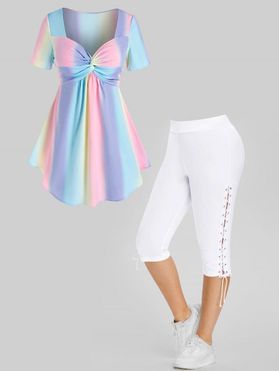 Plus Size Ombre Pastel Twisted Front Skirted T Shirt and Lace Up Eyelet Capri Leggings Summer Casual Outfit