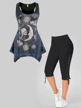 Plus Size Celestial Sun Moon Skull Print Asymmetric Tank Top and Lace Up Eyelet Capri Leggings Summer Casual Outfit