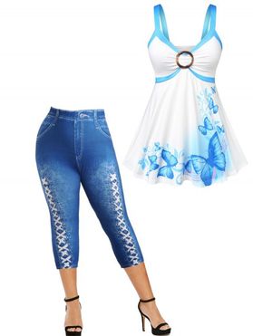 Plus Size Butterfly Print O Ring Corset Style Strap Skirted Tank Top and Faux Denim 3D Print Elastic Waist Mock Pockets Lace Up Jeggings Summer Casual Outfit