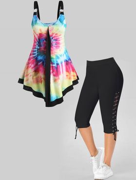 Plus Size Asymmetrical Hem O Ring Curve Colorful Tie Dye Tank Top and Lace Up Eyelet Capri Leggings Summer Casual Outfit