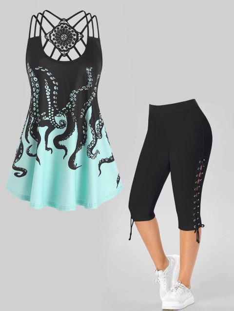 Octopus Print Crisscross Tank Top And Capri Leggings Plus Size Summer Outfit