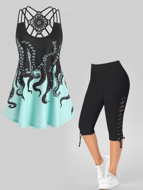 Plus Size Marine Life Octopus Print Strappy Tank Top and Lace Up Eyelet Capri Leggings Summer Casual Outfit