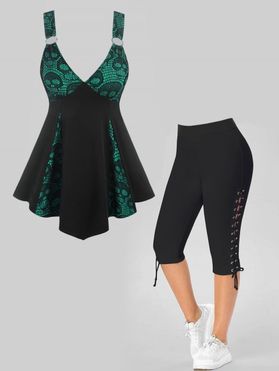 Plus Size Skull Lace Panel Gothic Tank Top and Lace Up Eyelet Capri Leggings Summer Casual Outfit