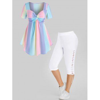 

Ombre Rainbow Twisted T Shirt and Lace Up Capri Leggings Plus Size Summer Outfit, Multicolor