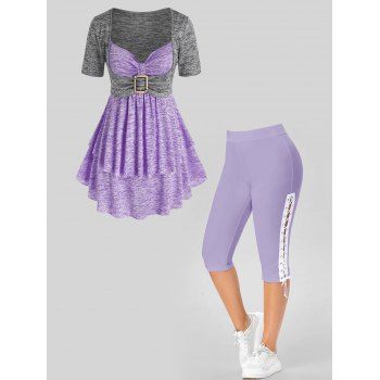 

Plus Size Colorblock Square Ring Longline T Shirt and Lace Up Eyelet Capri Leggings Summer Casual Outfit, Purple