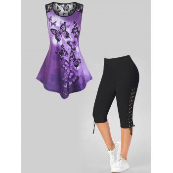 

Plus Size Butterfly Ombre Lace Panel Asymmetrical Tank Top and Lace Up Eyelet Capri Leggings Summer Casual Outfit, Multicolor