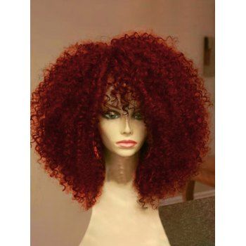 

Trendy Afro Curly Wig Full Bang Solid Color Heat Resistance Synthetic Medium Hair, Red