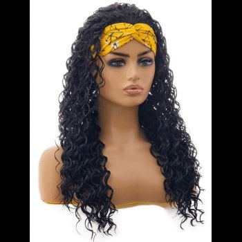 

Solid Color Curly Long Wig With Twisted Floral Print Headband Trendy Heat Resistance Synthetic Hair, Black