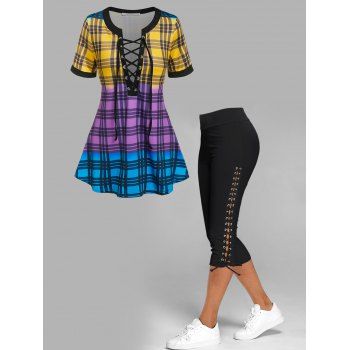 

Vintage Contrast Colorblock Plaid Print T Shirt and Lace Up Skinny Crop Leggings Summer Casual Outfit, Multicolor