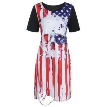 

Gothic Casual Dress American Flag Skull Print Short Sleeve A Line Midi Summer Dress, Black