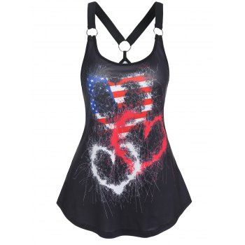 

Summer Tank Top American Flag Heart Print O Ring Cut Out Patriotic Casual Top, Black