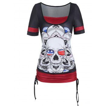 

Contrast Colorblock Twofer T Shirt Skull Floral American Flag Print Ruched Cinched Summer Casual Tee, Black