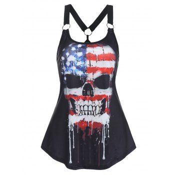 

Gothic Casual Tank Top American Flag Skull Print O Ring Cut Out Summer Top, Black