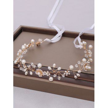 

Wedding Headband Flower Pattern Rhinestone Beaded Faux Pearl Lace Up Bride Hair Accessory, Golden