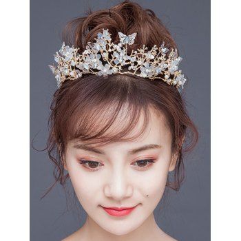 

Wedding Tiaras Flower Hollow Out Butterfly Faux Pearl Rhinestone Prom Party Bride Princess Crown, Golden