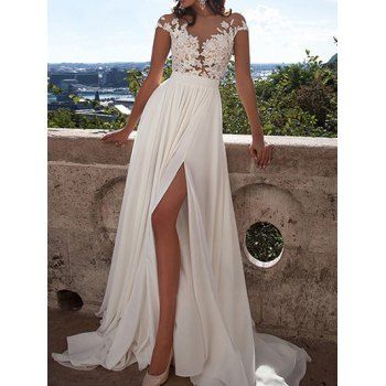 

Elegant Party Maxi Dress Flower Lace Panel Mesh High Waist Slit Sheer Formal Dress, White