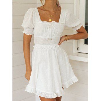 

Fresh Style Mini Dress Solid Color Ruffle Tied Ruched Square Neck Summer A Line Dress, White