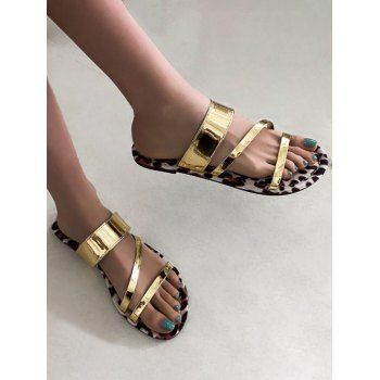 

Leopard Print Sandals Slip On Vamp Flat Slide Trendy Summer Beach Shoes, Golden