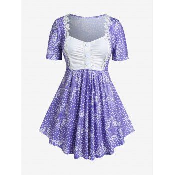 

Plus Size Stars Print Lace Panel Ruched Contrast Tee, Purple