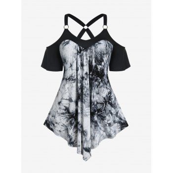 

Plus Size Cold Shoulder Tie Dye Asymmetric T-shirt, Black