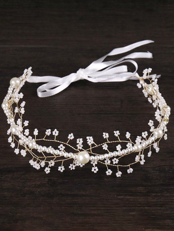 Accessoire de Cheveux de Mariage Elégant Floral en Forme de Faux Perle à Lacets - Blanc 