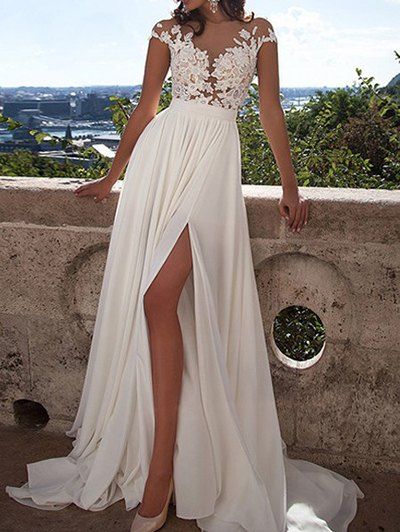 Elegant Party Maxi Dress Flower Lace Panel Mesh High Waist Slit Sheer Formal Dress - WHITE L