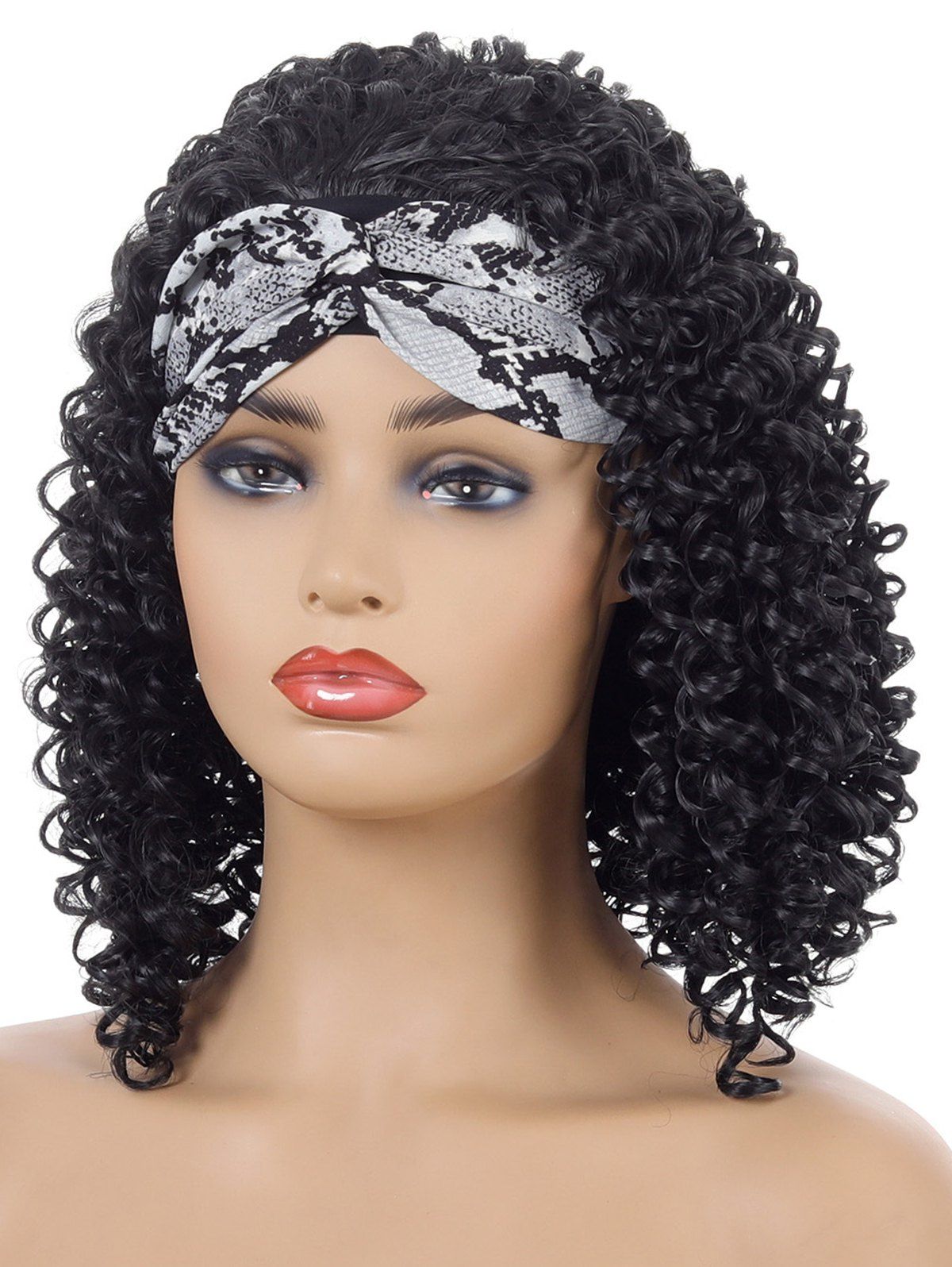 Trendy Solid Color Deep Curly Wig With Twisted Animal Print Headband Heat Resistance Synthetic Medium Hair - BLACK 