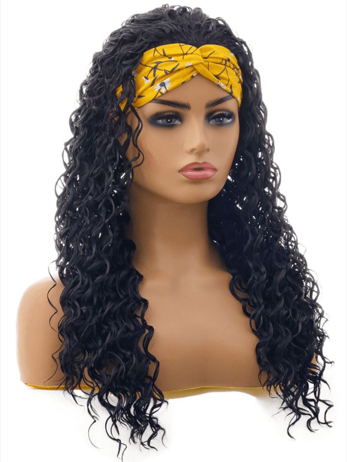 Perruque de Cheveux Synthétique Longue Bouclée Bouffante à Imprimé Fleur en Couleur Unie avec Bandeau Résistant à la Chaleur - Noir 