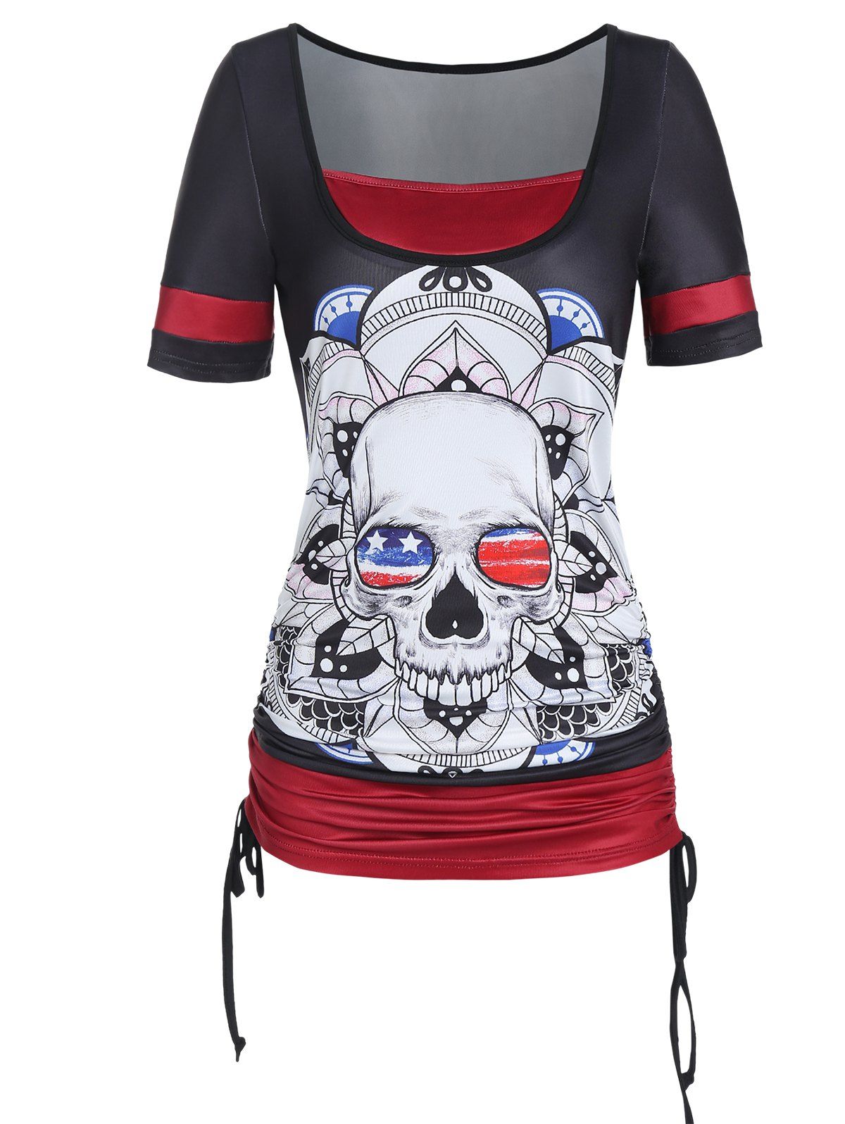 Contrast Colorblock Twofer T Shirt Skull Floral American Flag Print Ruched Cinched Summer Casual Tee - BLACK XL