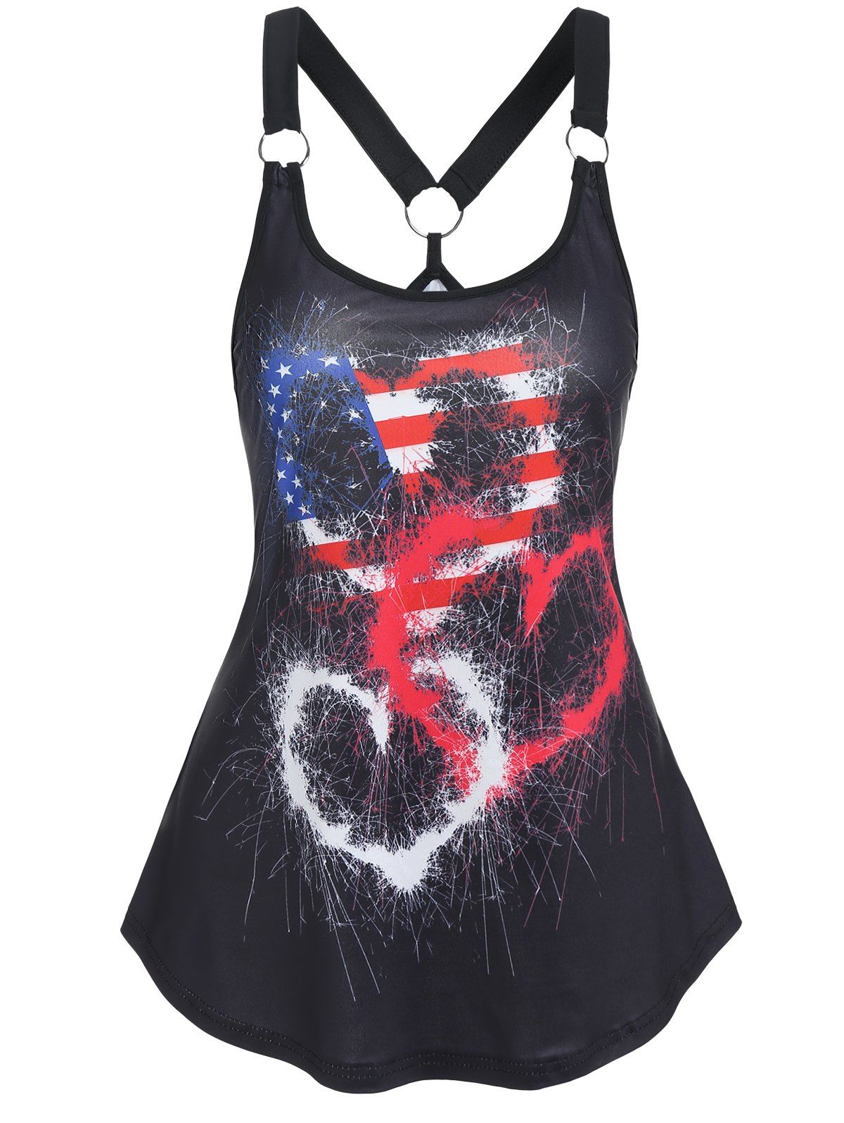 Summer Tank Top American Flag Heart Print O Ring Cut Out Patriotic Casual Top - BLACK L
