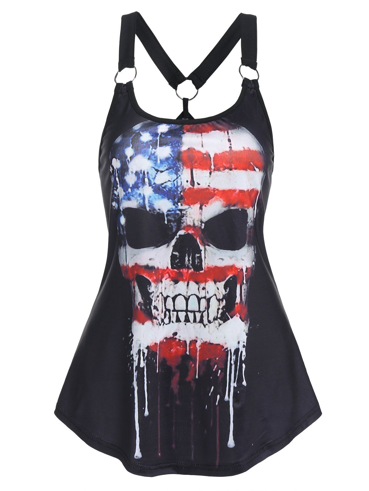 Gothic Casual Tank Top American Flag Skull Print O Ring Cut Out Summer Top - BLACK M