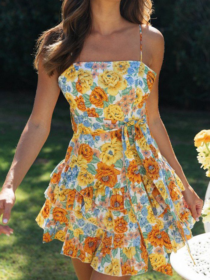 Bohemian Mini Dress Allover Floral Print Belted Sleeveless High Waist A Line Summer Layered Dress 