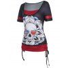 Contrast Colorblock Twofer T Shirt Skull Floral American Flag Print Ruched Cinched Summer Casual Tee - BLACK L