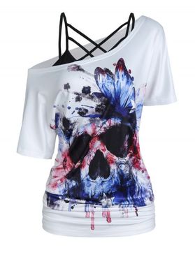 Solid Color Crisscross Cami Top and American Flag Butterfly Skull Print Ruched T Shirt Two Piece Summer Set