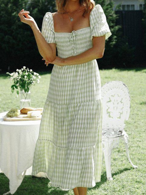 Garden Party Dress Fresh Style Midi Vacation Dress Plaid Print Ruched Bowtie Tiered Puff Sleeve Summer Vacation A Line Dress