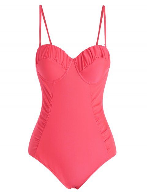Push Up Corset Bright One-piece Swimsuit Ruched Solid Color Underwire Spaghetti Strap Swimwear