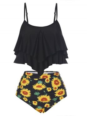 Beach Tummy Control Tankini Swimsuit Leaf Floral Sunflower Print Ruched High Waist Layered Summer Swimwear