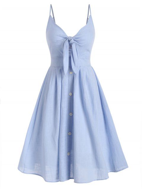 Casual Sundress Solid Color Ruched Bowknot Cut Out Mock Button High Waist Knee Length A Line Dress